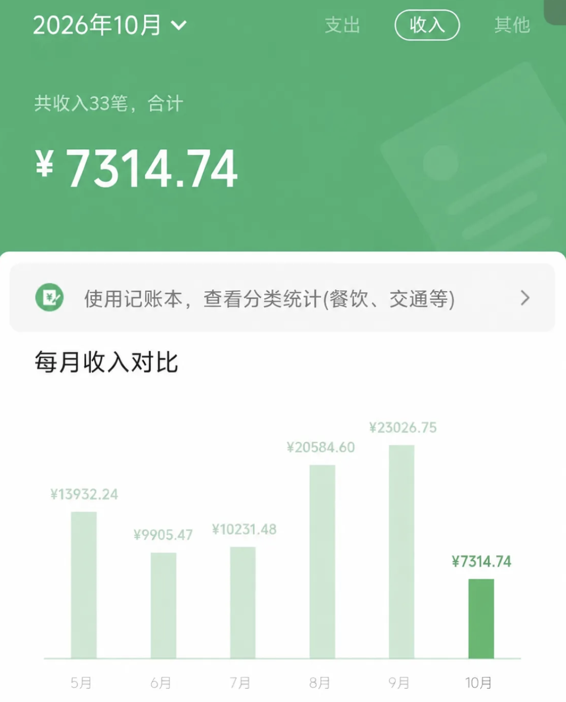 微信账单收入记录，包含顶部月份与收入信息及5月至10月的完整收入对比