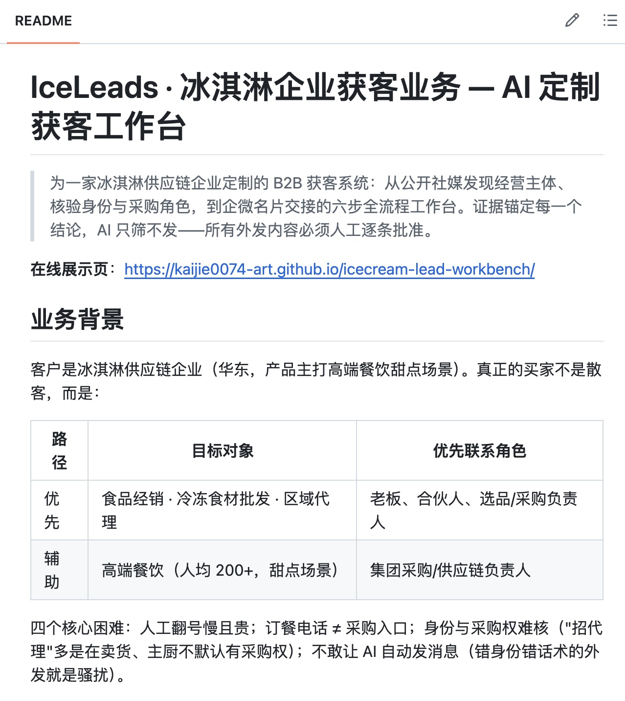 IceLeads 冰淇淋企业获客 GitHub 仓库的 README 截图