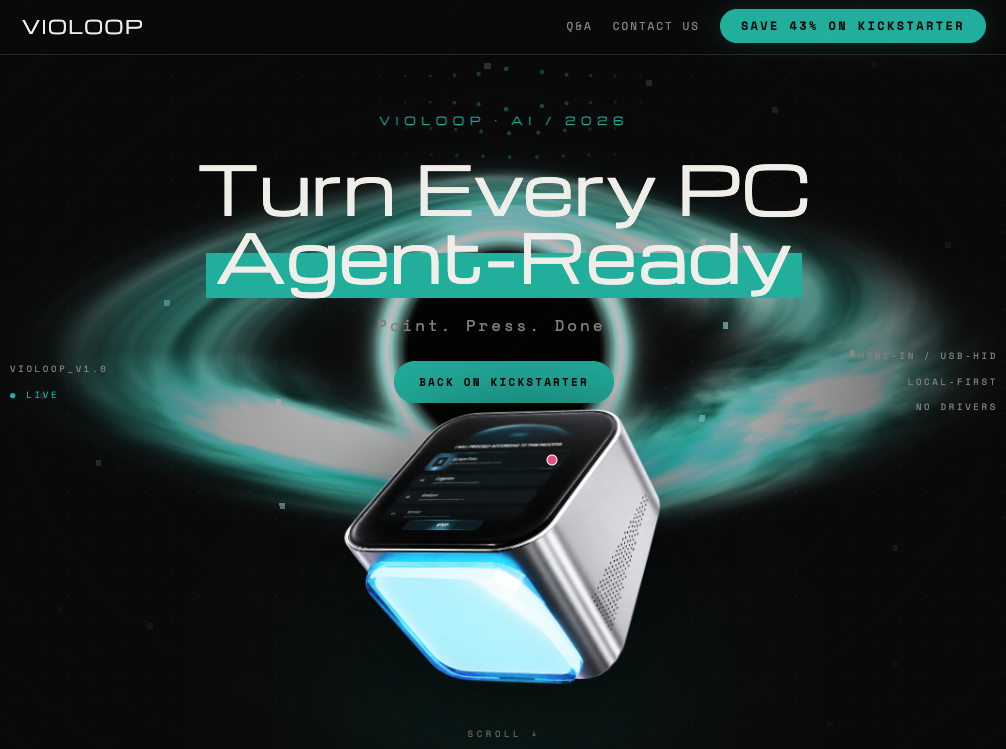 VIOLOOP 官网首页，展示 Agent-Ready AI 硬件设备